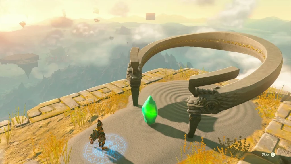 Green crystal inside the stone ring on the sky island