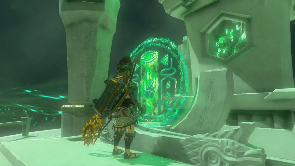 Glowing terminal beside the stone throne