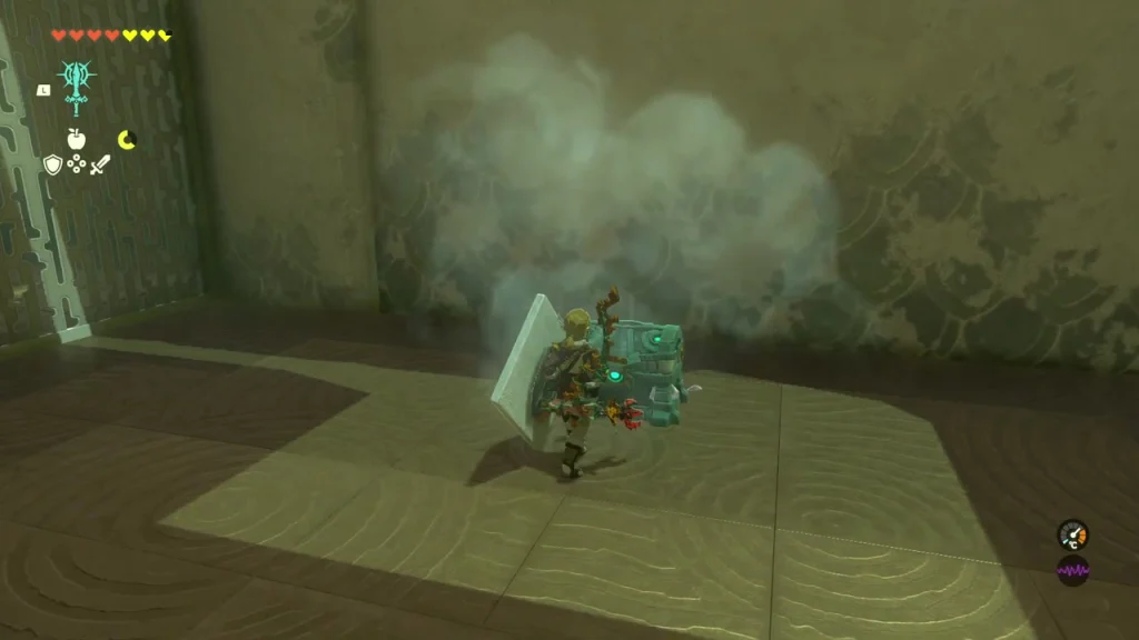 Shield held against steaming ice in the second room Shield held against steaming ice in the second room