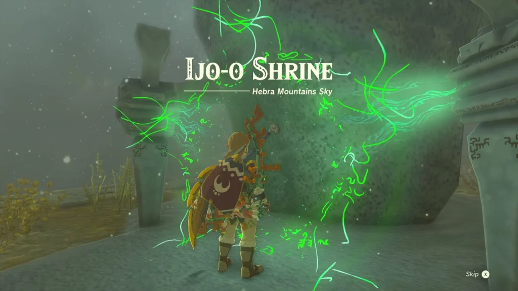 Shrine rock wrapped in green light on the sky island Shrine rock wrapped in green light on the sky island
