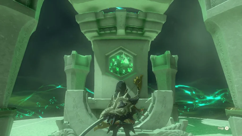 Hexagonal green seal on the shrine terminal at the top of the stairs Hexagonal green seal on the shrine terminal at the top of the stairs