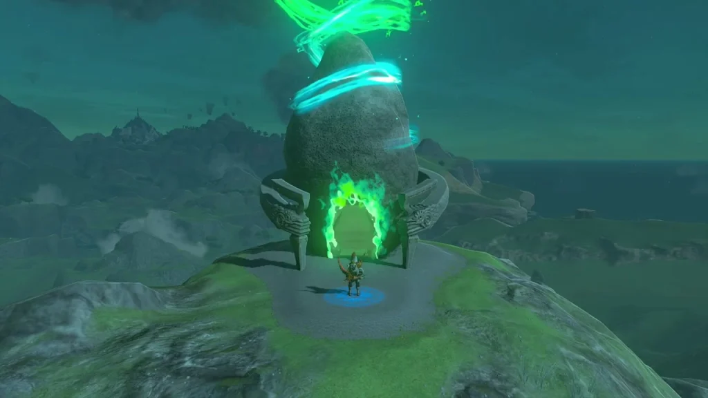 Shrine on a rocky hill with the green beam of light above it and the blue entry pad below Shrine on a rocky hill with the green beam of light above it and the blue entry pad below