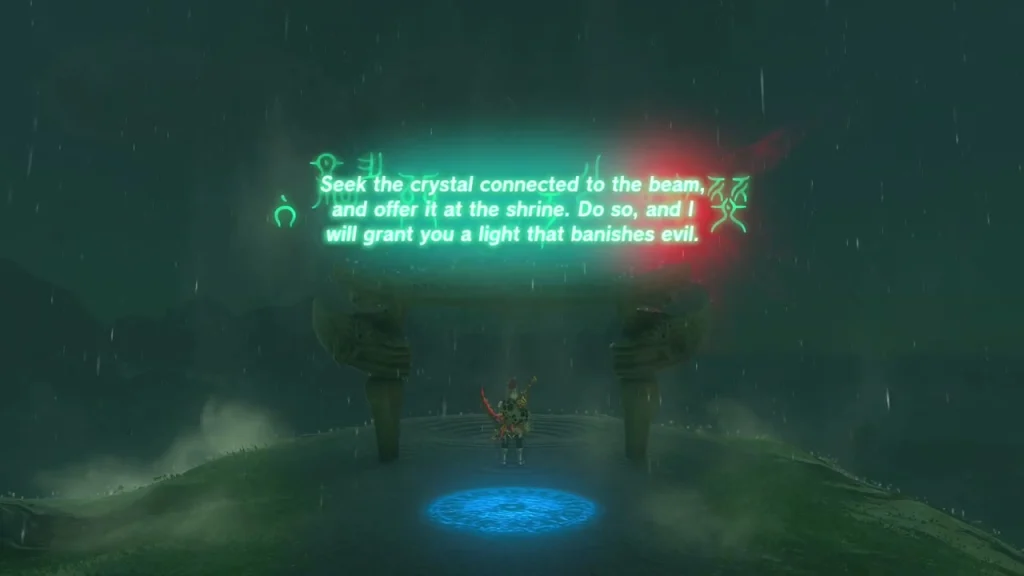 Broken stone arch on a grassy hill above a blue warp pad, marking the sealed shrine Broken stone arch on a grassy hill above a blue warp pad, marking the sealed shrine