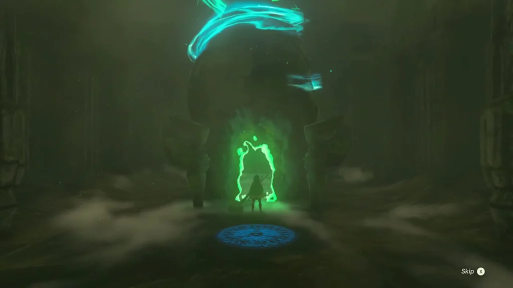 Glowing green shrine doorway at the top of the cave steps with a blue platform in front Glowing green shrine doorway at the top of the cave steps with a blue platform in front