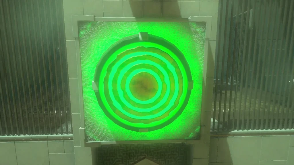 Second wall target lit green with the gate opening below it Second wall target lit green with the gate opening below it