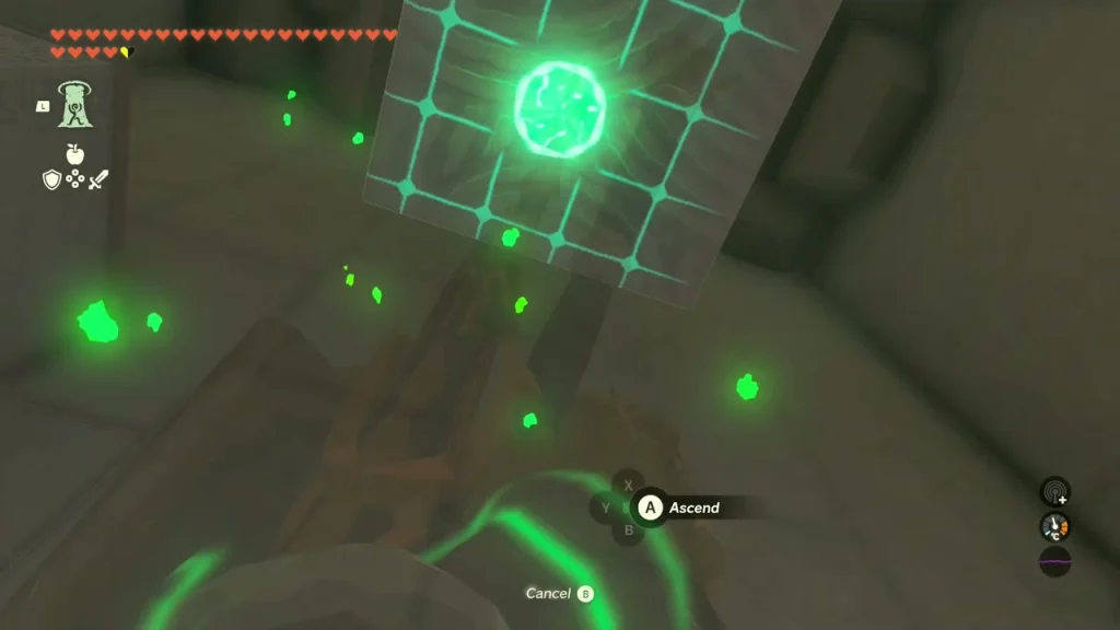 Ascend prompt beneath a slab with a glowing grid overhead Ascend prompt beneath a slab with a glowing grid overhead
