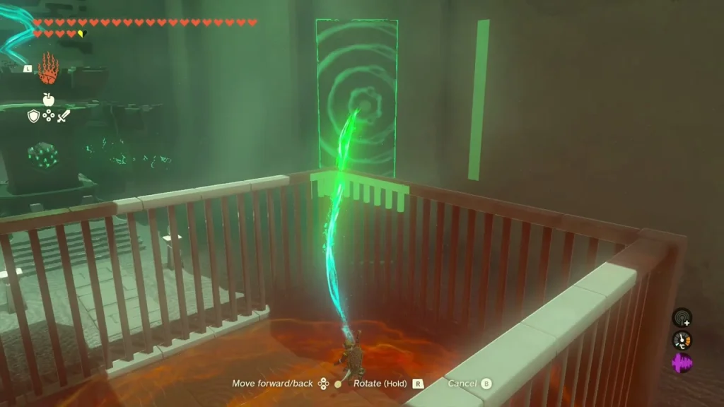 Slab lifted beside the red-railed cage in the final room Slab lifted beside the red-railed cage in the final room