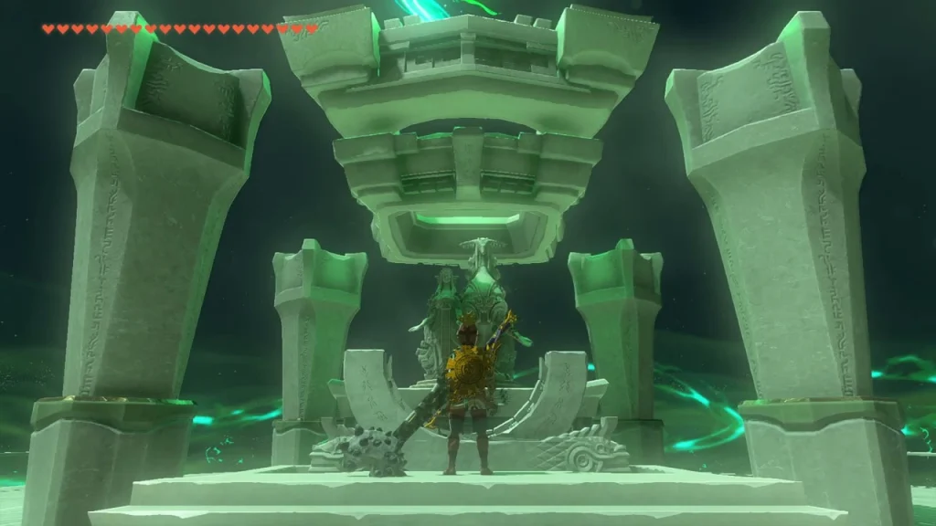 Shrine terminal with the guardian statue behind it Shrine terminal with the guardian statue behind it