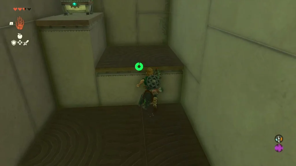 Narrow high ledge on the wall with the chest sitting at its end