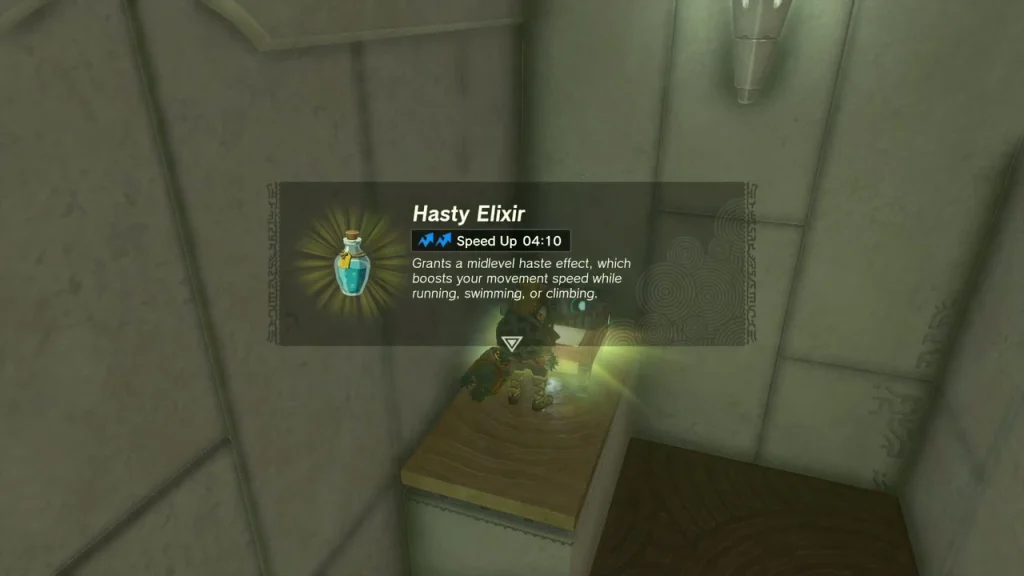 Hasty Elixir item box shown over the opened chest