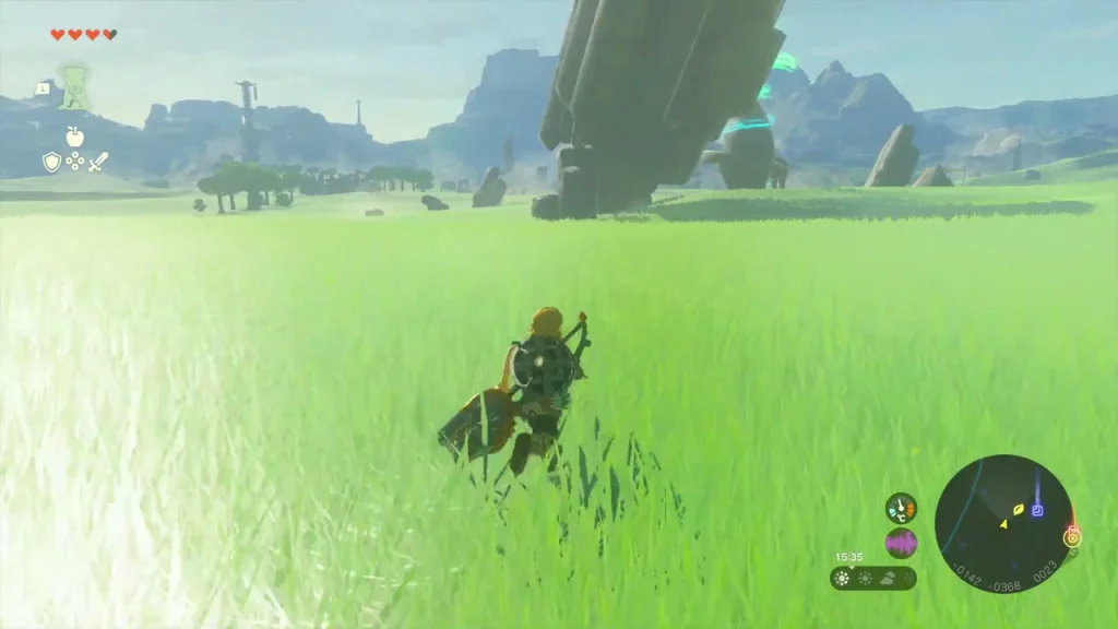 Giant stone slabs leaning together in Hyrule Field with the green glow of Jiosin Shrine beneath them