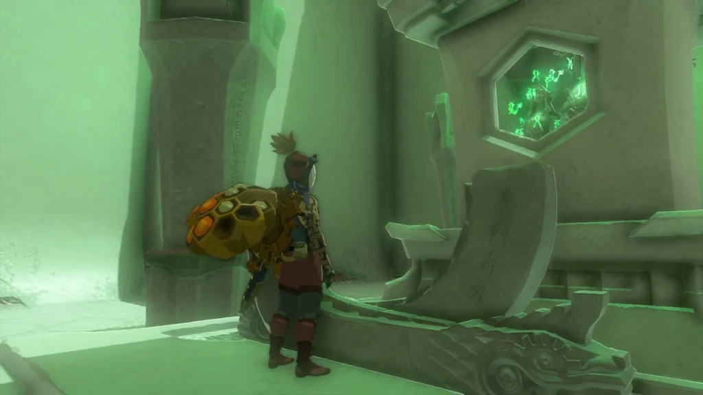 Glowing green seal on the stone terminal at the end of the shrine Glowing green seal on the stone terminal at the end of the shrine