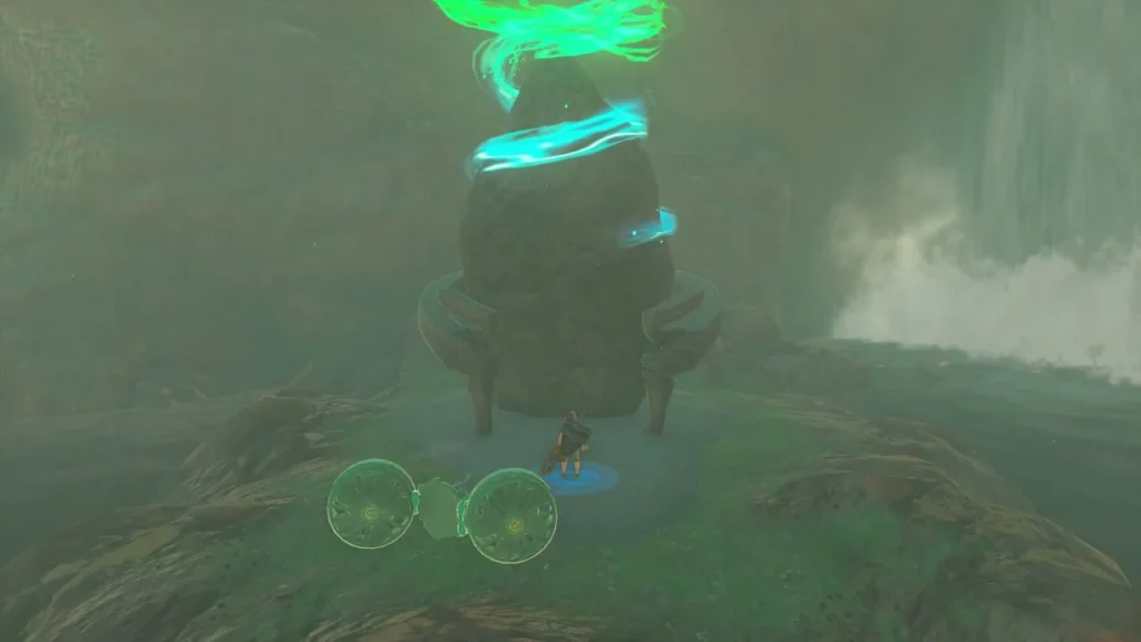 Shrine pod rising from the lakeside island with the crystal pad in front