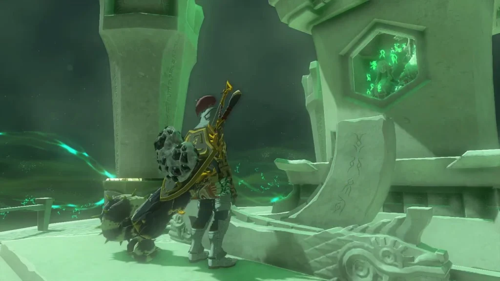 Stone terminal with a glowing green seal at the top of the shrine Stone terminal with a glowing green seal at the top of the shrine