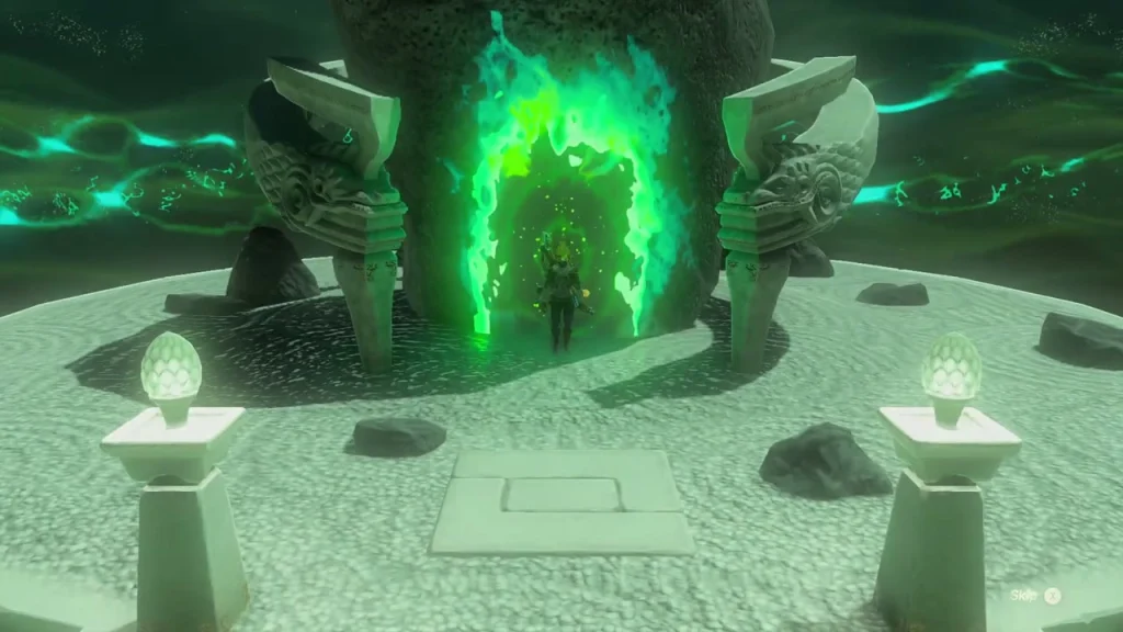 Shrine doorway framed by stone pillars and two glowing lamps on the circular floor Shrine doorway framed by stone pillars and two glowing lamps on the circular floor