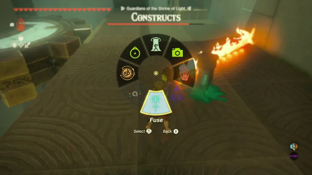 Fuse menu with a flame emitter held beside a plank Fuse menu with a flame emitter held beside a plank