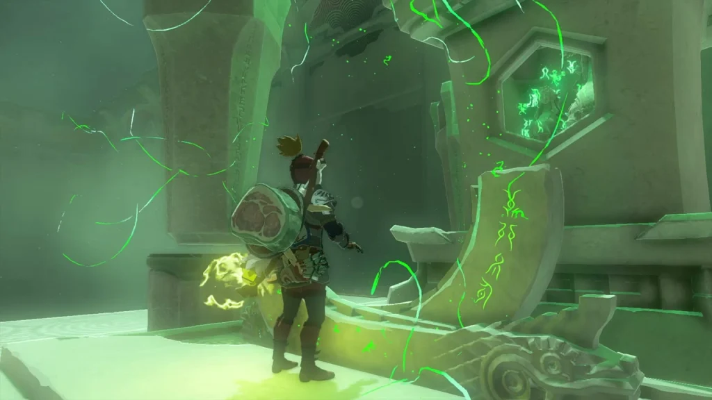 Glowing green terminal with carved runes at the end of the shrine Glowing green terminal with carved runes at the end of the shrine