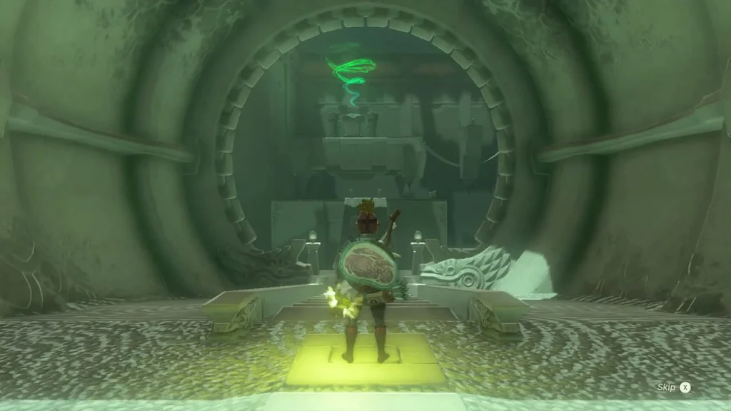 Circular stone entry hall with a glowing yellow floor tile before the first platform Circular stone entry hall with a glowing yellow floor tile before the first platform