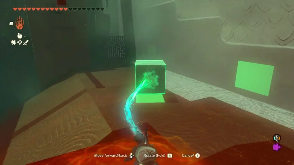 Green stone cube being carried with Ultrahand over the floor Green stone cube being carried with Ultrahand over the floor