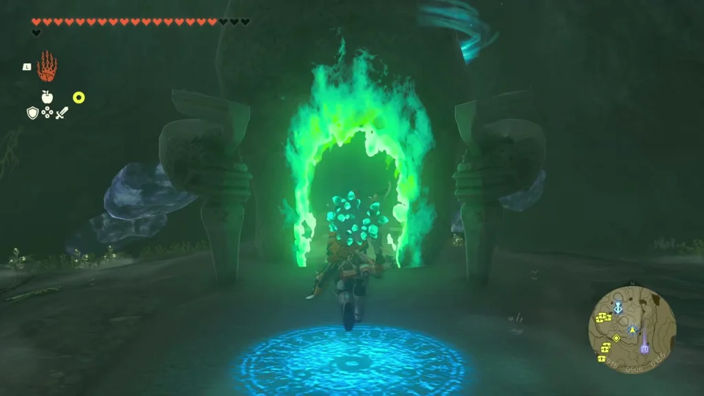 Shrine doorway wreathed in green flame above a blue circle Shrine doorway wreathed in green flame above a blue circle