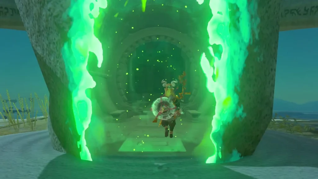 Green-lit shrine doorway on a sky island in the Eldin Canyon Sky Green-lit shrine doorway on a sky island in the Eldin Canyon Sky
