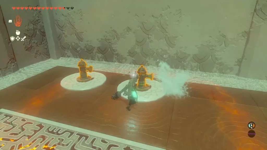 Two water hydrants on white circular pads at the edge of the final lava pool Two water hydrants on white circular pads at the edge of the final lava pool