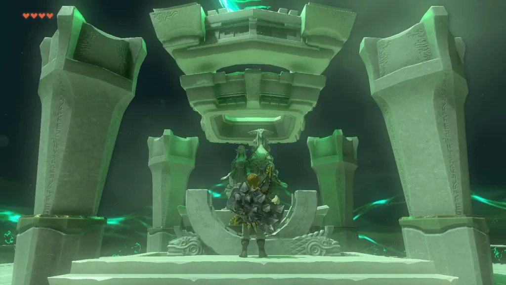 Altar with twin statues and hovering light at the end of the shrine Altar with twin statues and hovering light at the end of the shrine