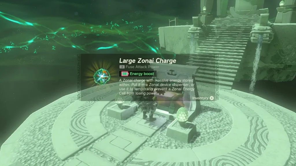 Large Zonai Charge item box above the open chest on the circular platform Large Zonai Charge item box above the open chest on the circular platform