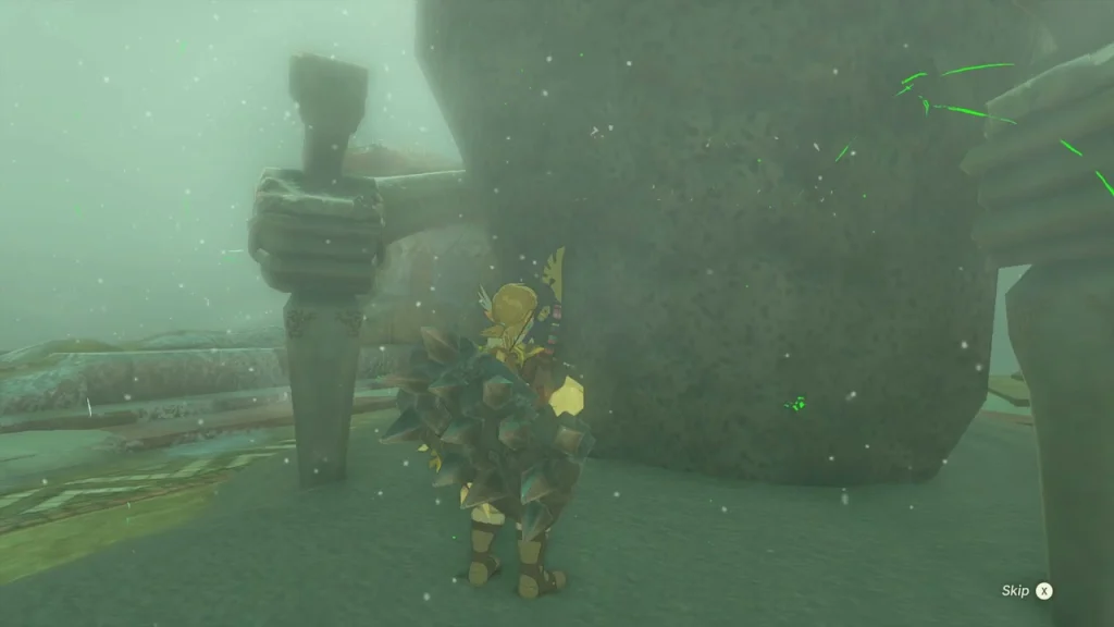 Rock face on the snowy sky island with the shrine entrance nearby Rock face on the snowy sky island with the shrine entrance nearby