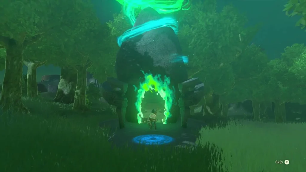 Shrine doorway glowing green above its blue platform among forest trees Shrine doorway glowing green above its blue platform among forest trees