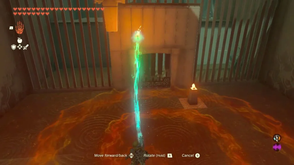 Torch carried with Ultrahand toward the upside-down candle pillar on the ceiling