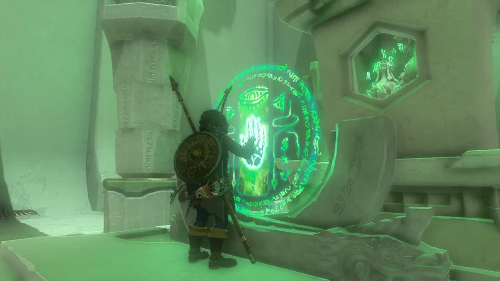 Green glowing seal on the altar at the end of the shrine