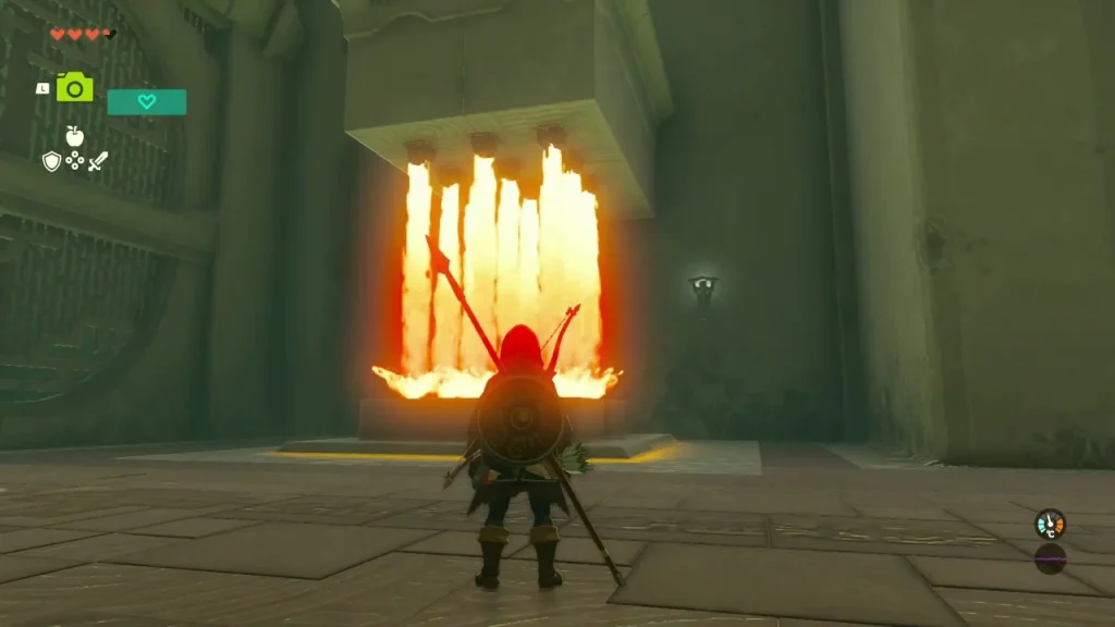 Pillar of flame burning over a stone pedestal in the first room