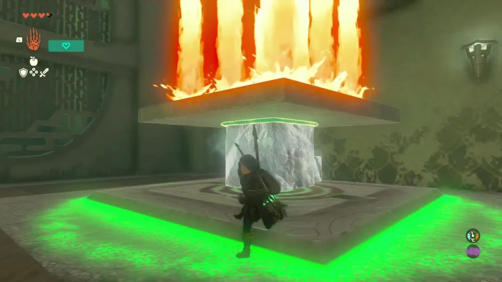 Capped ice block on the pedestal with flames striking the slab and the pedestal rim glowing green