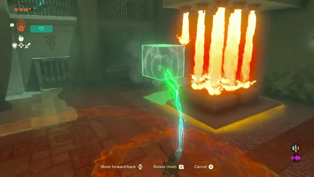 Ice block held in the heat beside the flame pillar so that it melts down to half size