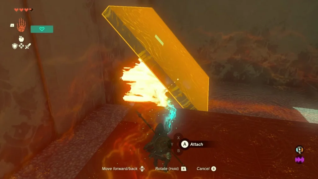 Slab angled against the wall over the flames with the Attach prompt showing