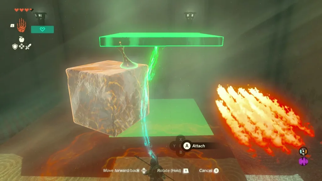 Stone slab hovering over an ice block with the Attach prompt showing