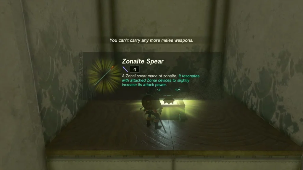 Zonaite Spear item box shown over the opened chest