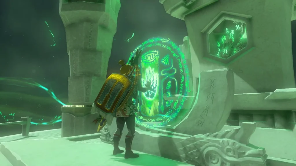 Terminal with a glowing green seal beside the stone dragon head Terminal with a glowing green seal beside the stone dragon head