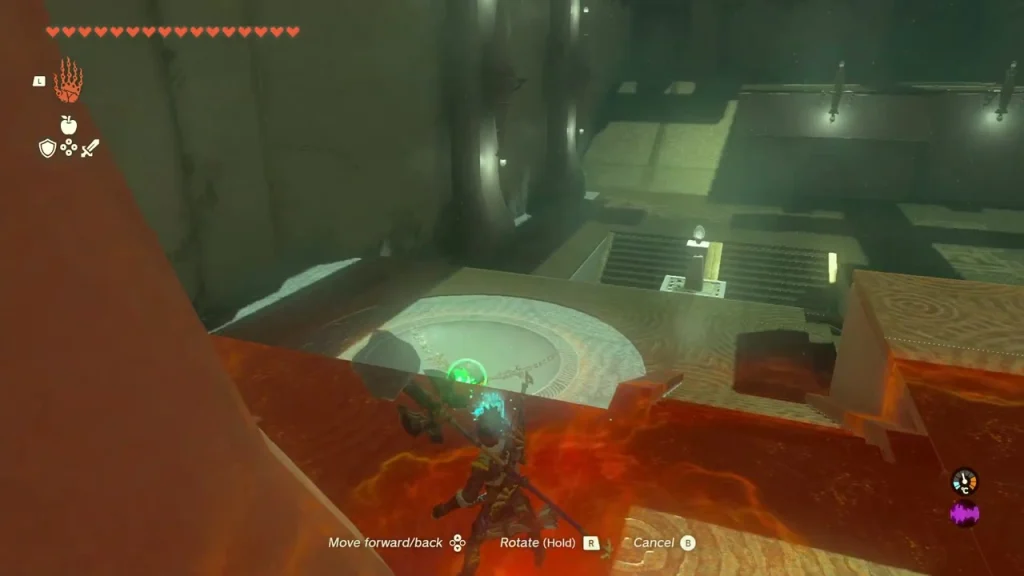 Orb held over lava beside a stone ramp leading to a bowl