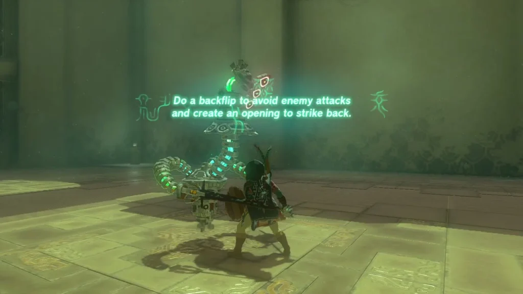 Glowing wall text in the arena explaining the backflip lesson, Construct beside Link Glowing wall text in the arena explaining the backflip lesson, Construct beside Link