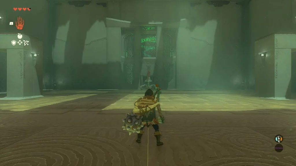 Wide stone arena with a pale floor pad and a pillar, where the archery trial takes place Wide stone arena with a pale floor pad and a pillar, where the archery trial takes place
