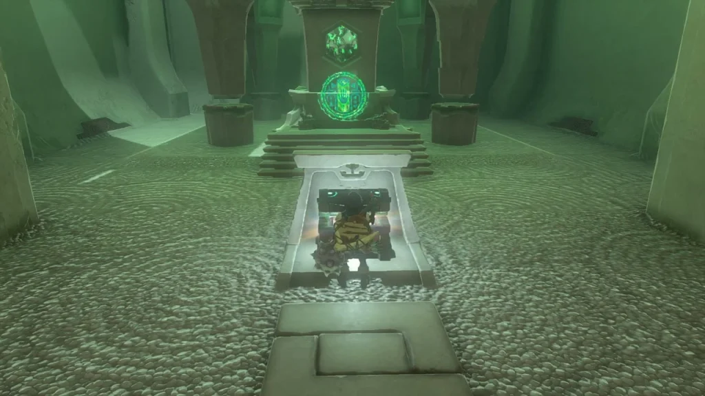 Small stone chamber with the open chest on a stepped pedestal before the glowing terminal Small stone chamber with the open chest on a stepped pedestal before the glowing terminal