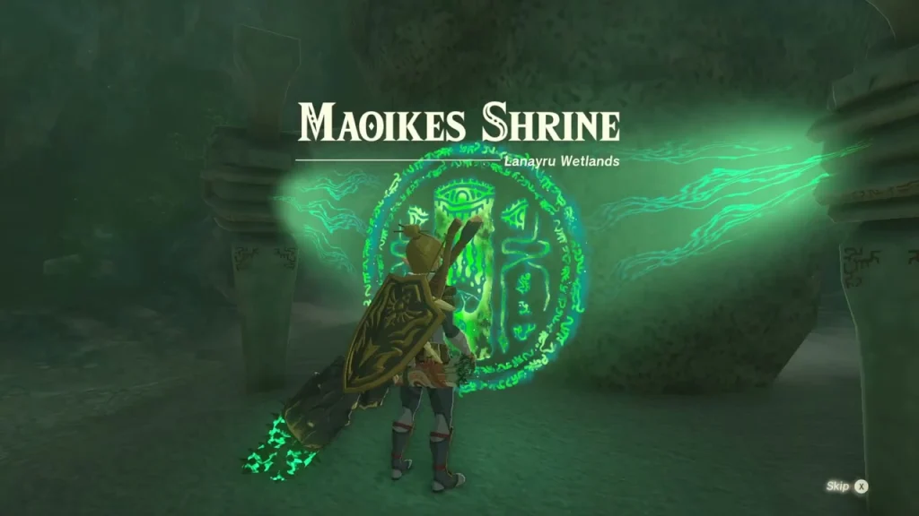 Glowing green shrine seal at the end of the cave east of Bone Pond Glowing green shrine seal at the end of the cave east of Bone Pond
