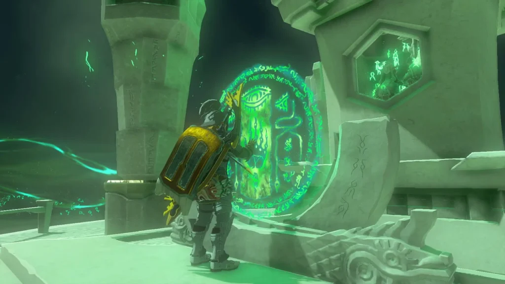Terminal with a glowing green seal at the end of the shrine Terminal with a glowing green seal at the end of the shrine