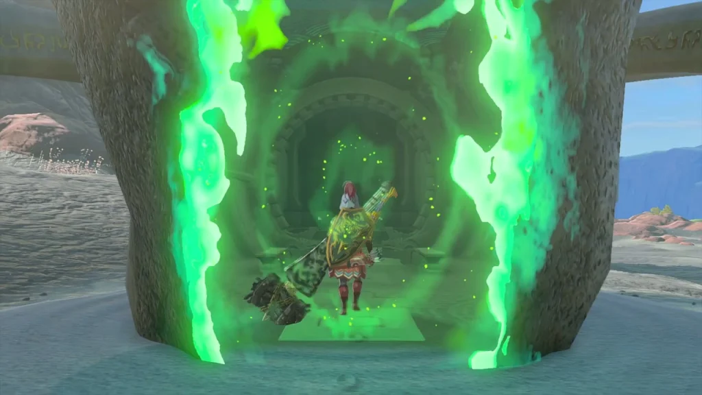Green glowing doorway of the shrine inside the rock Green glowing doorway of the shrine inside the rock
