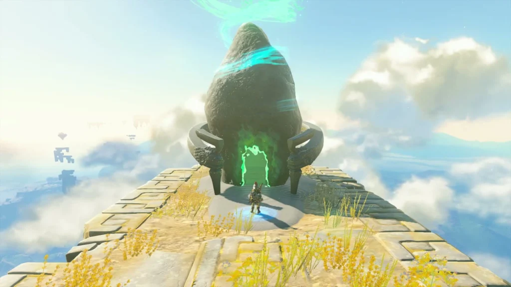 Glowing green shrine doorway at the end of the sky island walkway