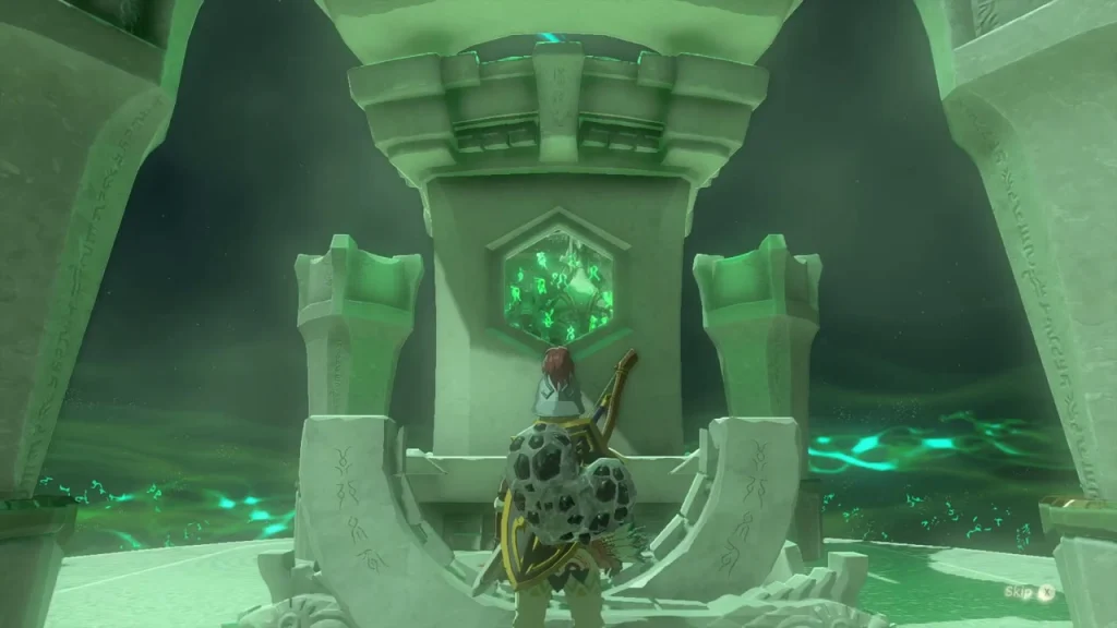 Hexagonal terminal between stone pillars