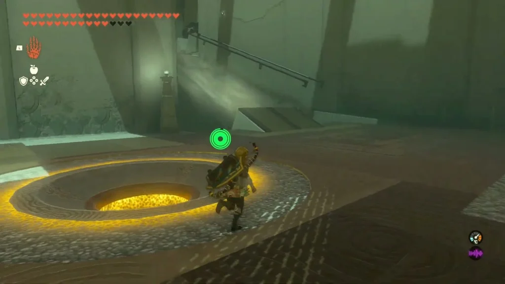 Glowing yellow updraft vent in the floor at the start of the shrine Glowing yellow updraft vent in the floor at the start of the shrine
