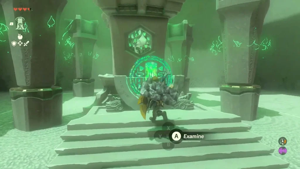 Glowing green seal on the shrine terminal at the top of the stairs Glowing green seal on the shrine terminal at the top of the stairs